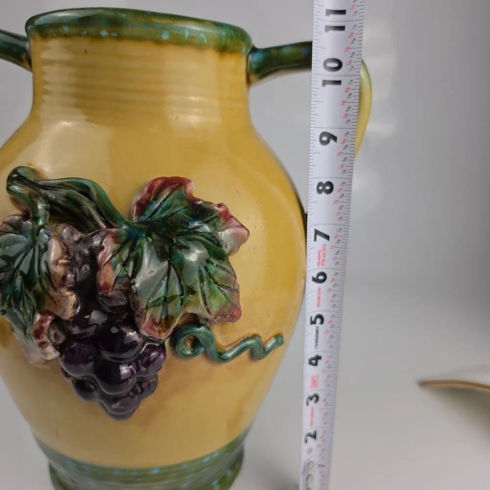 Pacific Rim Ceramic Amphora Vase Grape Leaf Relief Yellow Green Two Handle Large